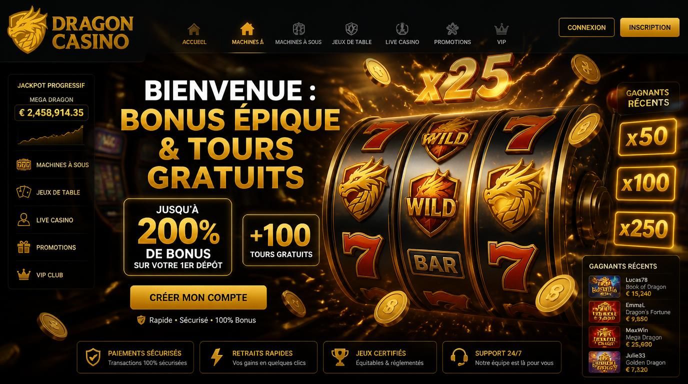 Interface d’un casino avec bonus et machines à sous