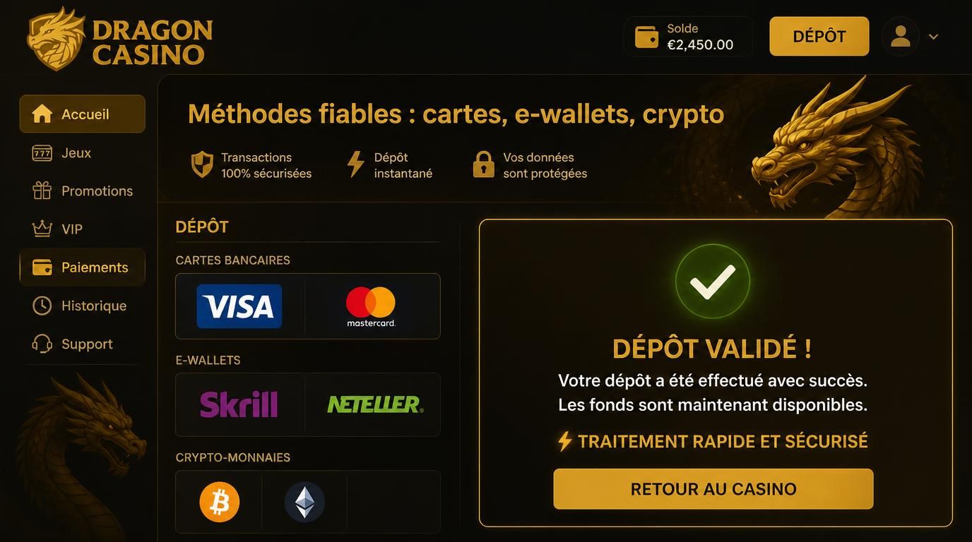 Interface claire montrant cartes bancaires, crypto et e-wallets disponibles pour dépôt